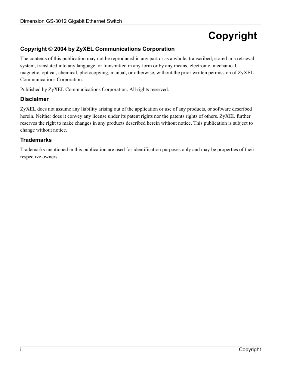Copyright | ZyXEL Communications GS-3012 User Manual | Page 2 / 234