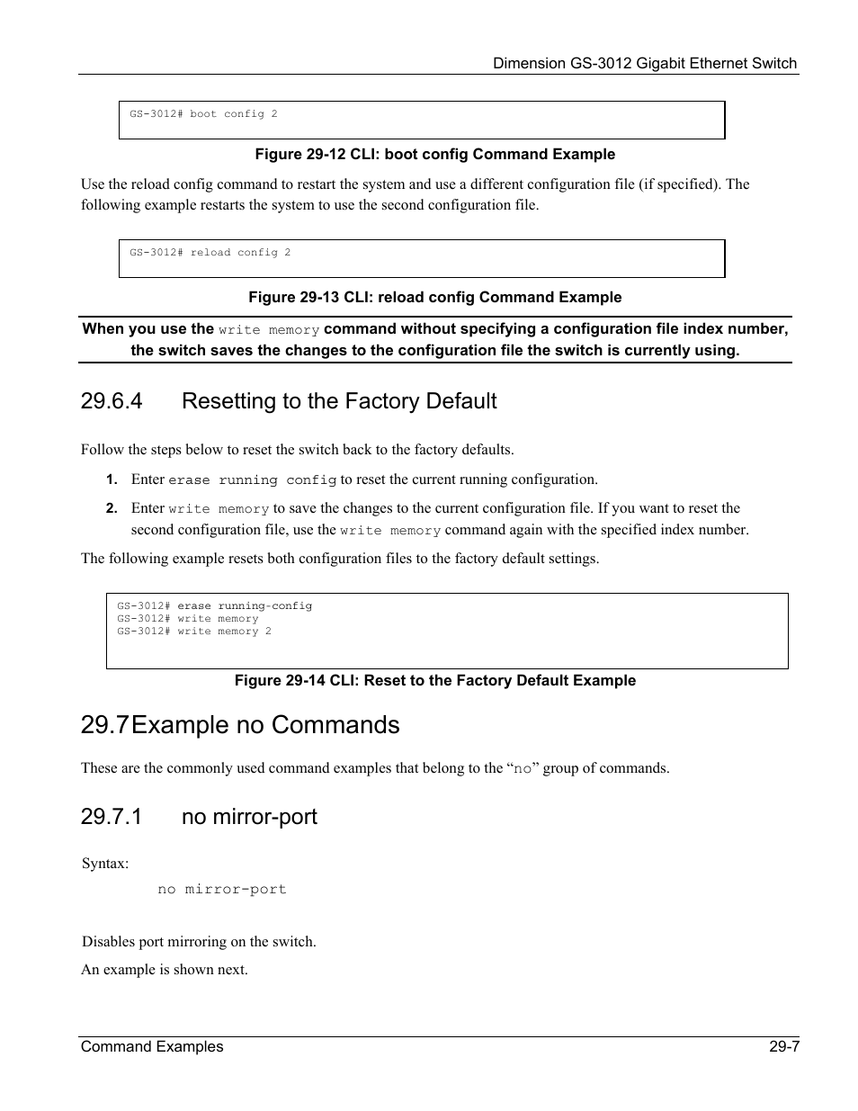 Resetting to the factory default, No mirror-port, 7 example no commands | 4 resetting to the factory default, 1 no mirror-port | ZyXEL Communications GS-3012 User Manual | Page 203 / 234