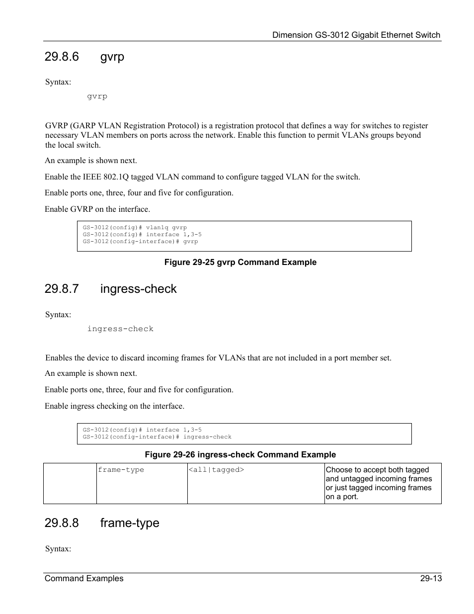 Gvrp, Ingress-check, Frame-type | 6 gvrp, 7 ingress-check, 8 frame-type | ZyXEL Communications GS-3012 User Manual | Page 209 / 234