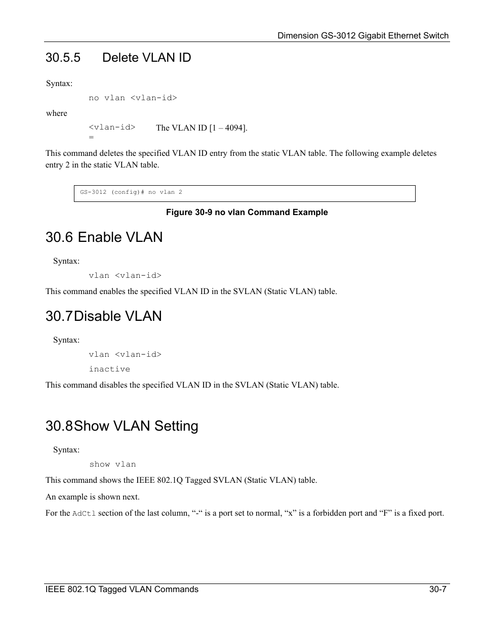 Delete vlan id, 6 enable vlan, 7 disable vlan | 8 show vlan setting, 5 delete vlan id | ZyXEL Communications GS-3012 User Manual | Page 221 / 234