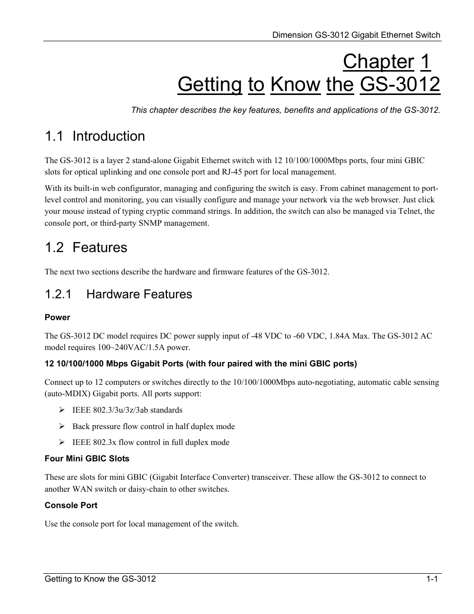 Hardware features, 1 introduction, 2 features | 1 hardware features | ZyXEL Communications GS-3012 User Manual | Page 23 / 234