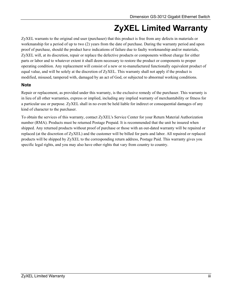Zyxel limited warranty | ZyXEL Communications GS-3012 User Manual | Page 3 / 234