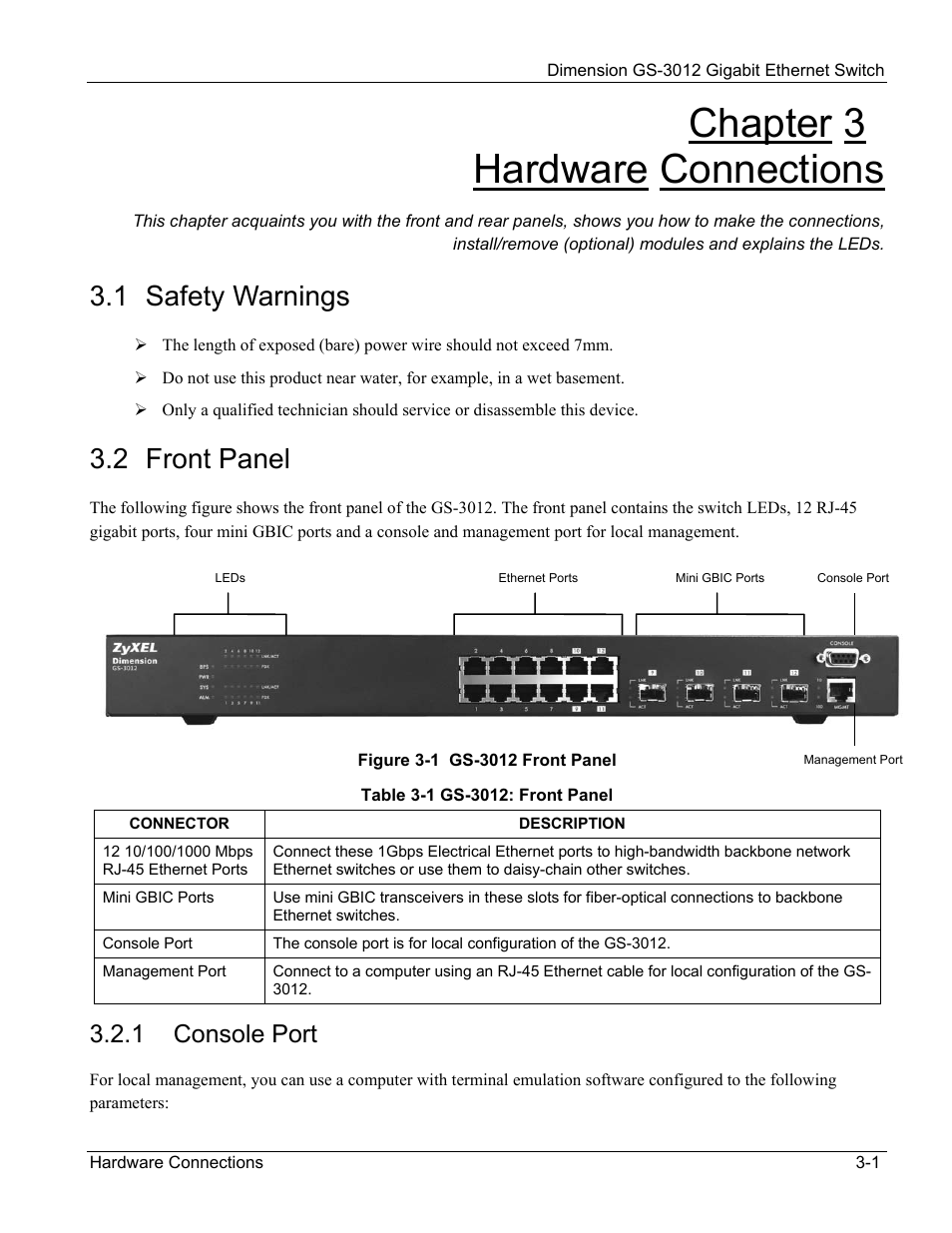 Console port, Chapter 3 hardware connections, 1 safety warnings | 2 front panel, 1 console port | ZyXEL Communications GS-3012 User Manual | Page 35 / 234