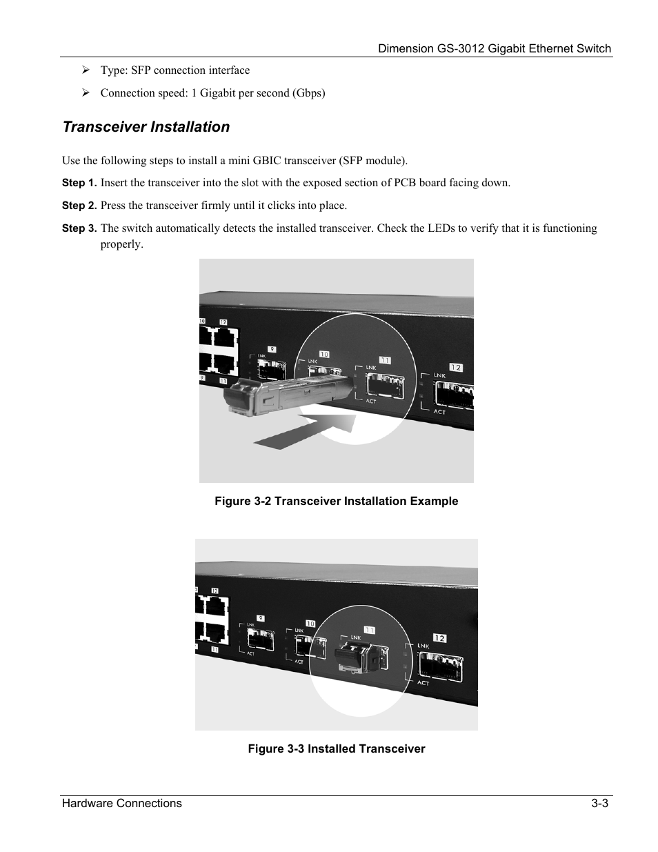 Transceiver installation | ZyXEL Communications GS-3012 User Manual | Page 37 / 234