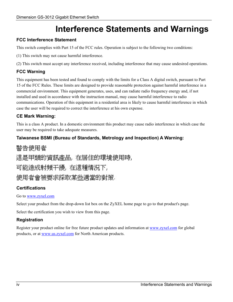 Interference statements and warnings | ZyXEL Communications GS-3012 User Manual | Page 4 / 234