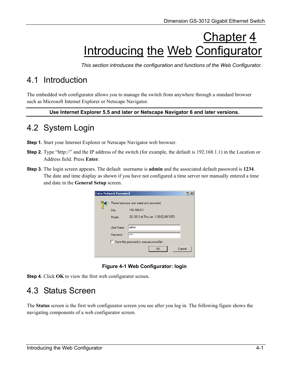 Chapter 4 introducing the web configurator, 1 introduction, 2 system login | 3 status screen | ZyXEL Communications GS-3012 User Manual | Page 45 / 234