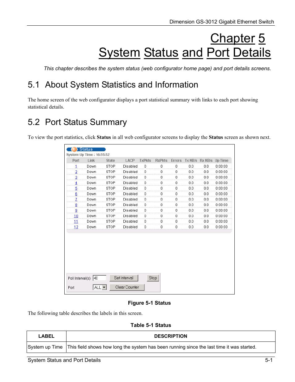 Chapter 5 system status and port details, 1 about system statistics and information, 2 port status summary | ZyXEL Communications GS-3012 User Manual | Page 53 / 234