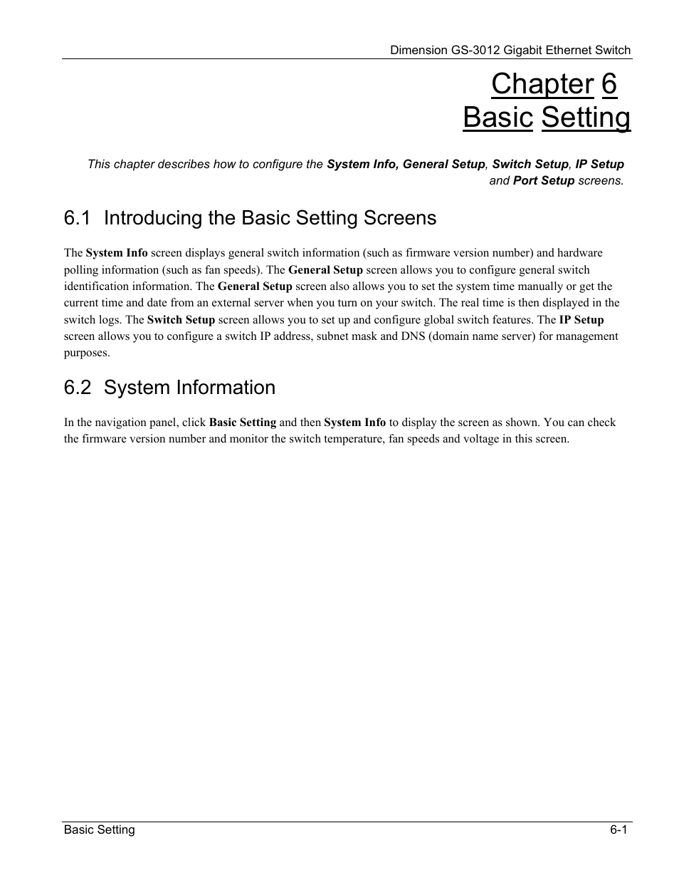 Chapter 6 basic setting, 1 introducing the basic setting screens, 2 system information | ZyXEL Communications GS-3012 User Manual | Page 59 / 234