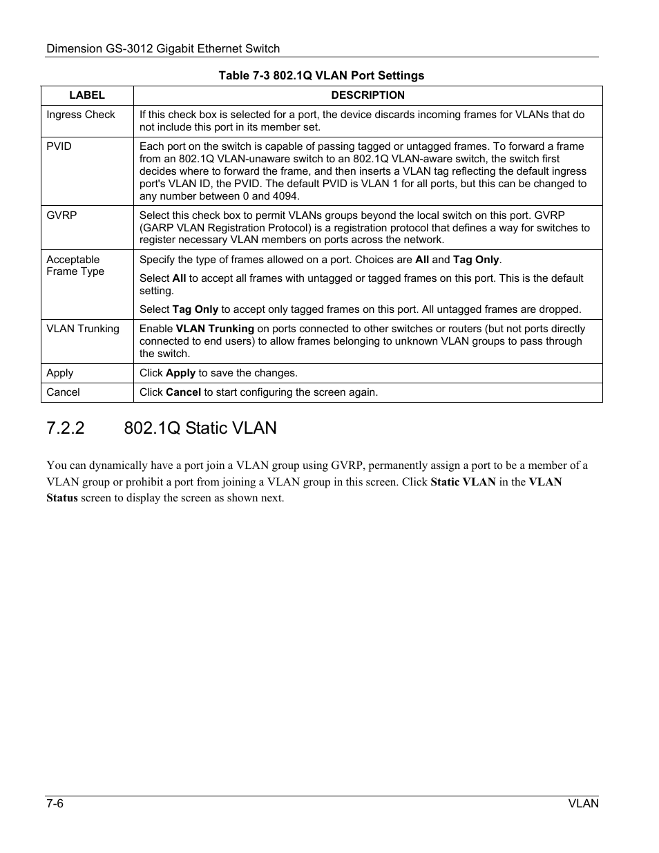 1q static vlan | ZyXEL Communications GS-3012 User Manual | Page 80 / 234