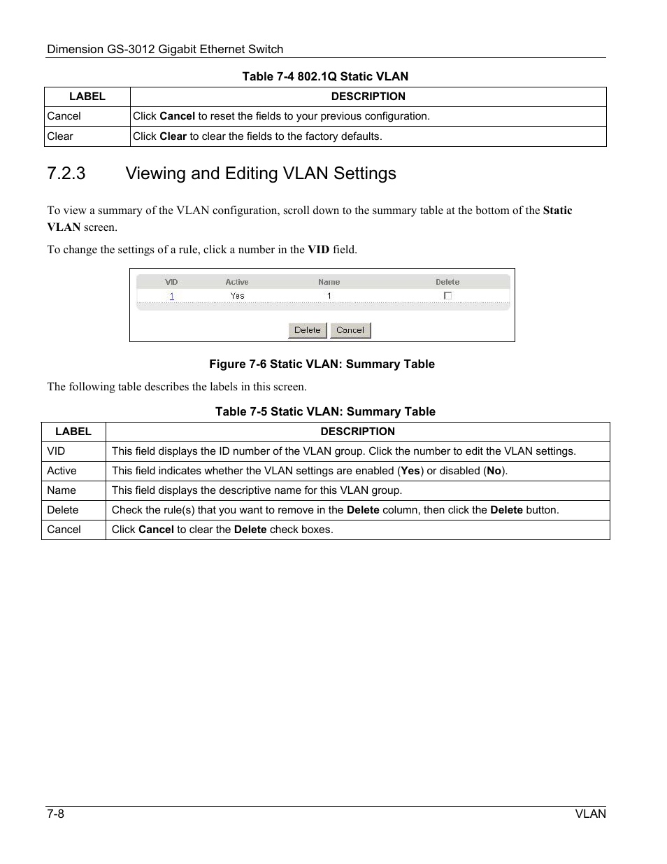 Viewing and editing vlan settings, 3 viewing and editing vlan settings | ZyXEL Communications GS-3012 User Manual | Page 82 / 234