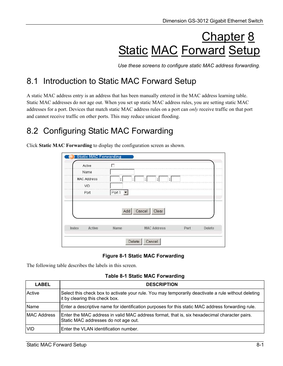 Chapter 8 static mac forward setup, 1 introduction to static mac forward setup, 2 configuring static mac forwarding | ZyXEL Communications GS-3012 User Manual | Page 87 / 234