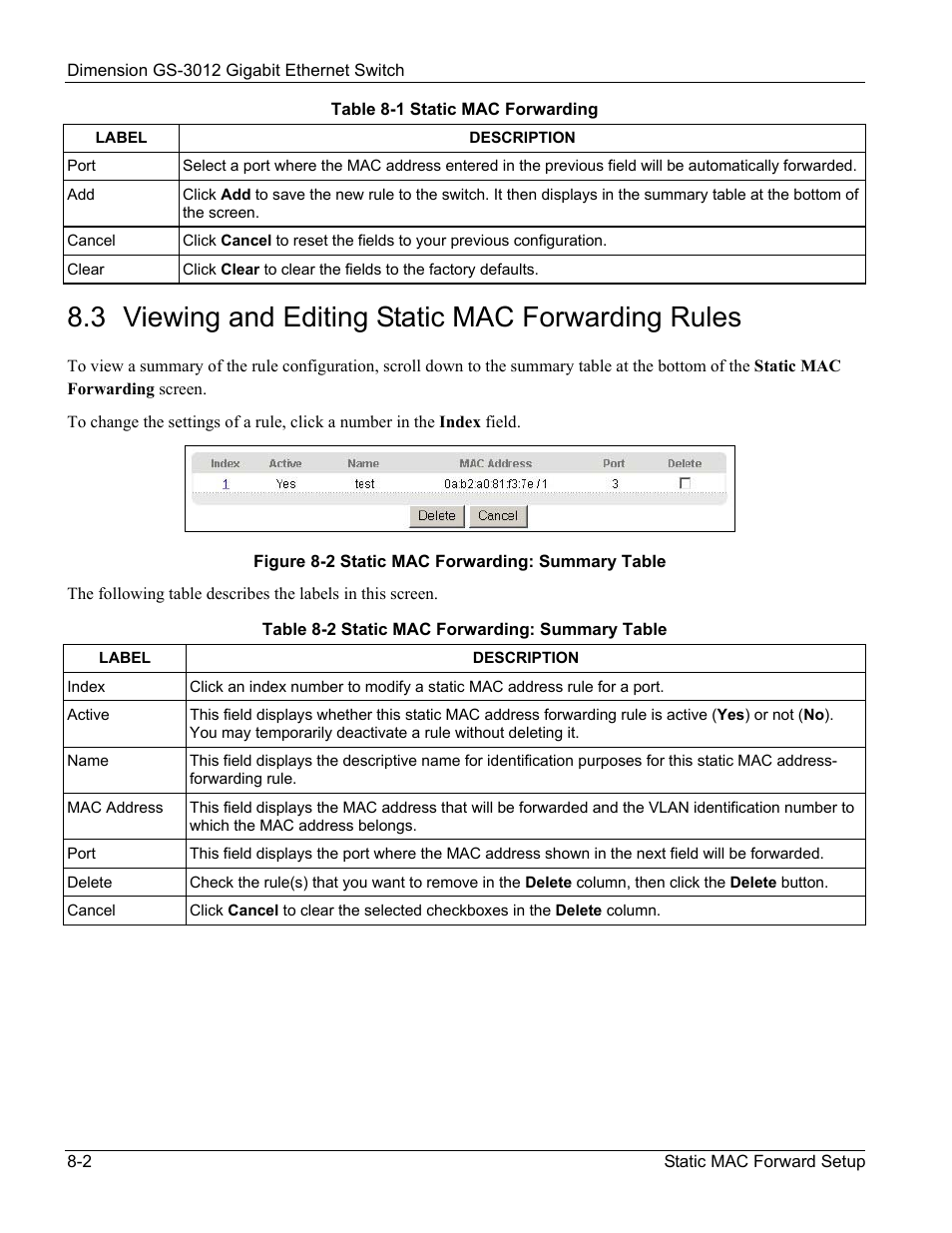 3 viewing and editing static mac forwarding rules | ZyXEL Communications GS-3012 User Manual | Page 88 / 234