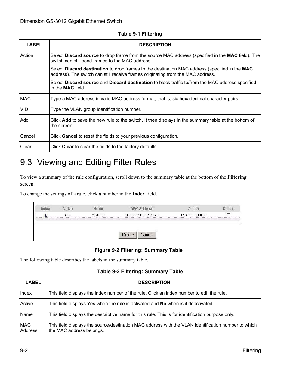 3 viewing and editing filter rules | ZyXEL Communications GS-3012 User Manual | Page 90 / 234