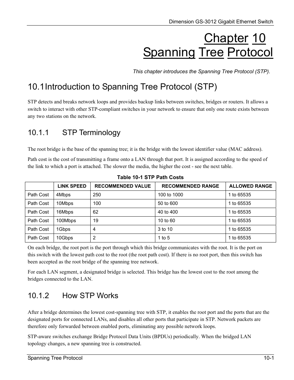 Stp terminology, How stp works, Chapter 10 spanning tree protocol | 1 introduction to spanning tree protocol (stp), 1 stp terminology, 2 how stp works | ZyXEL Communications GS-3012 User Manual | Page 93 / 234