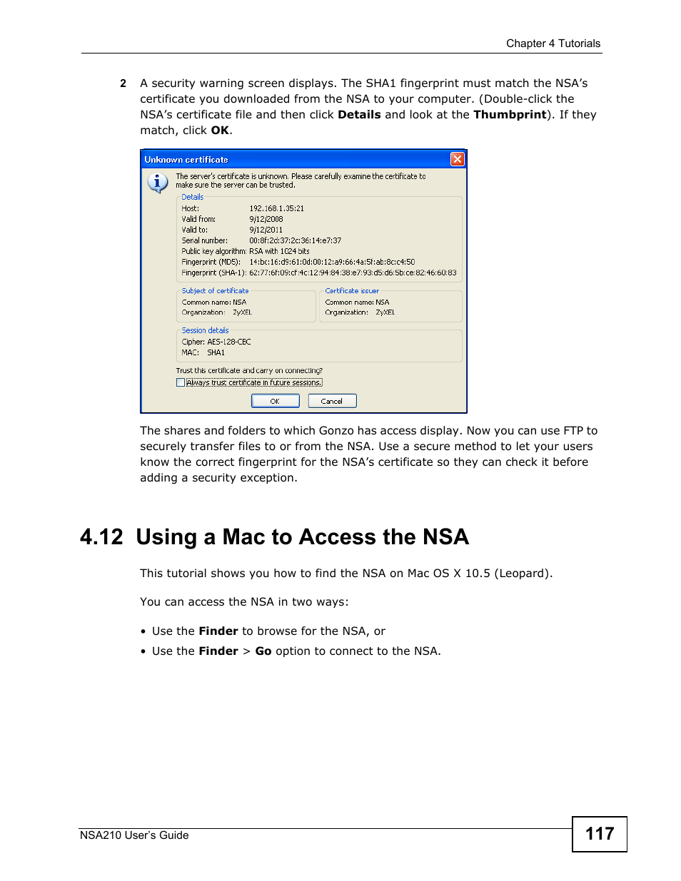 12 using a mac to access the nsa, Using a mac to access the nsa | ZyXEL Communications NSA210 User Manual | Page 117 / 482