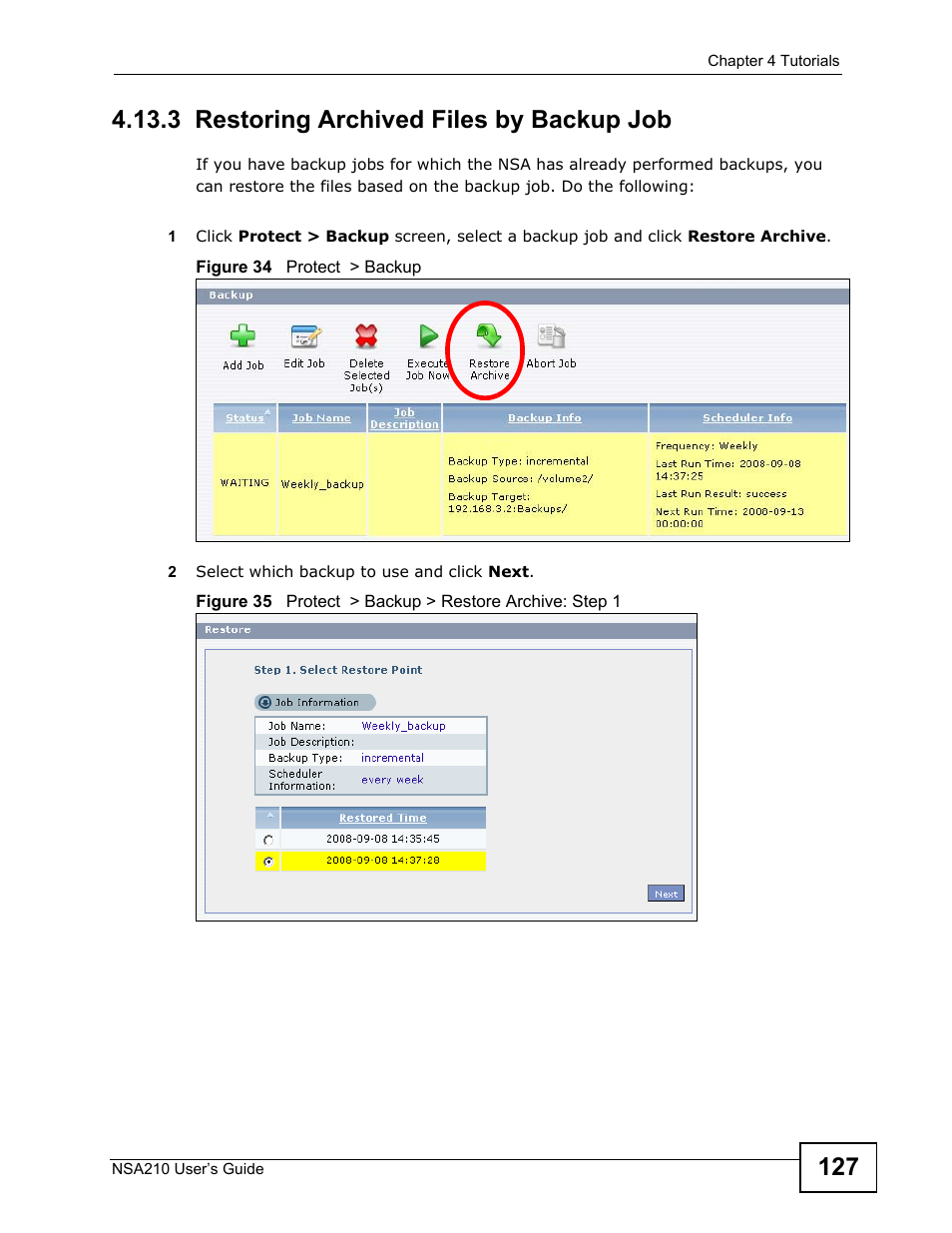 3 restoring archived files by backup job | ZyXEL Communications NSA210 User Manual | Page 127 / 482