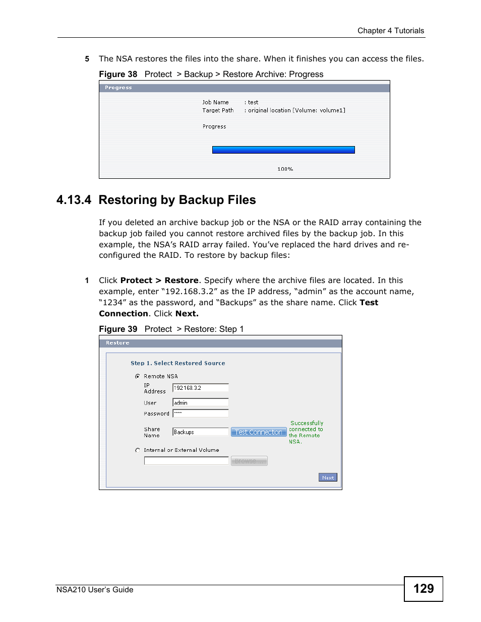 4 restoring by backup files | ZyXEL Communications NSA210 User Manual | Page 129 / 482