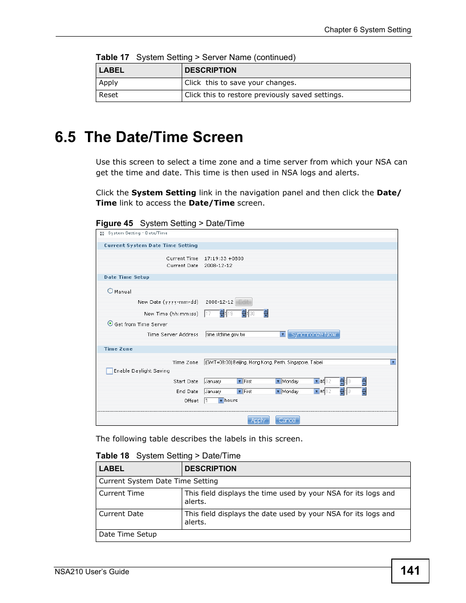 5 the date/time screen | ZyXEL Communications NSA210 User Manual | Page 141 / 482