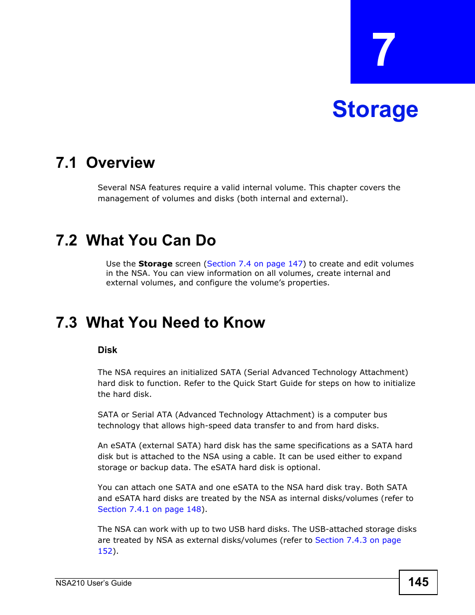 Storage, 1 overview, 2 what you can do | 3 what you need to know, Chapter 7 storage, Storage (145) | ZyXEL Communications NSA210 User Manual | Page 145 / 482