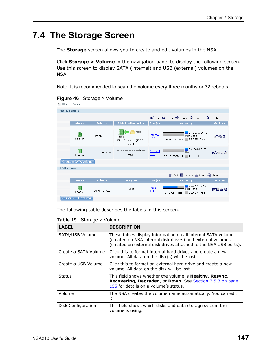 4 the storage screen | ZyXEL Communications NSA210 User Manual | Page 147 / 482