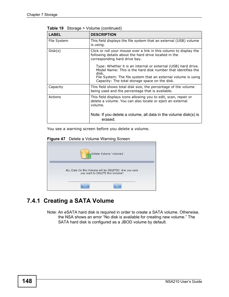1 creating a sata volume | ZyXEL Communications NSA210 User Manual | Page 148 / 482