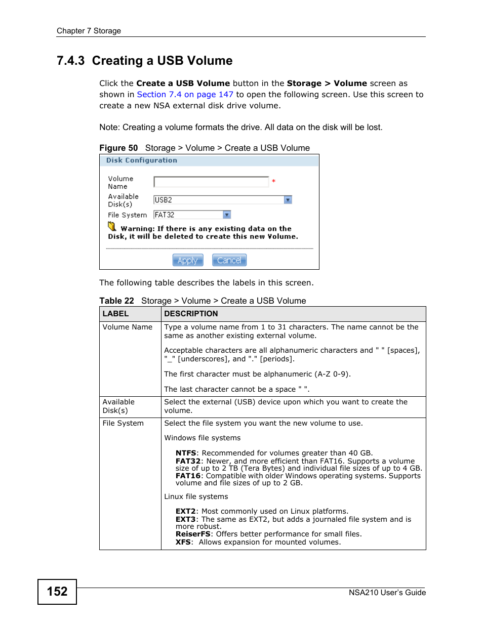 3 creating a usb volume | ZyXEL Communications NSA210 User Manual | Page 152 / 482