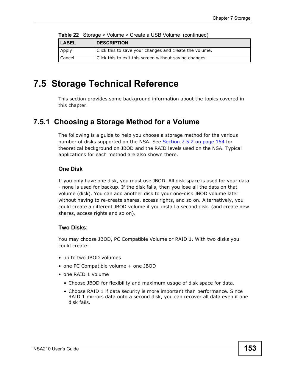 5 storage technical reference, 1 choosing a storage method for a volume | ZyXEL Communications NSA210 User Manual | Page 153 / 482