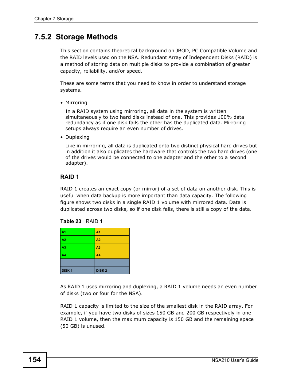 2 storage methods, Volume. see, Raid 1 | ZyXEL Communications NSA210 User Manual | Page 154 / 482