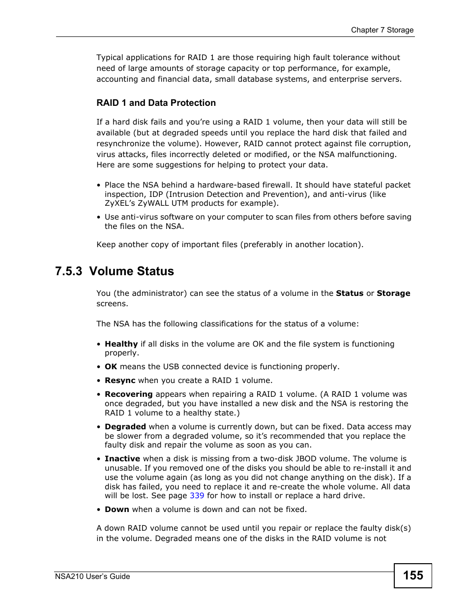 3 volume status, For de | ZyXEL Communications NSA210 User Manual | Page 155 / 482