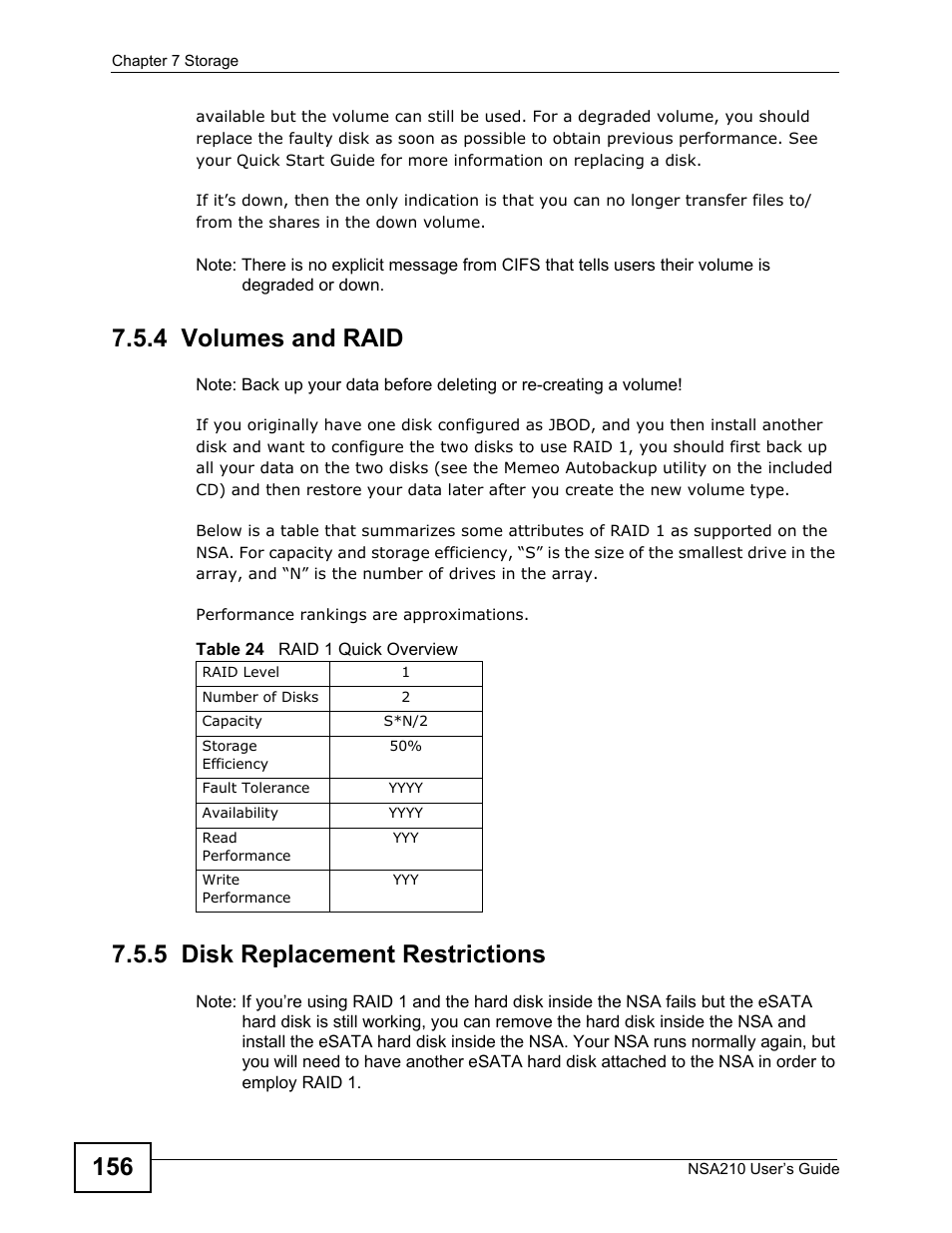 4 volumes and raid, 5 disk replacement restrictions | ZyXEL Communications NSA210 User Manual | Page 156 / 482