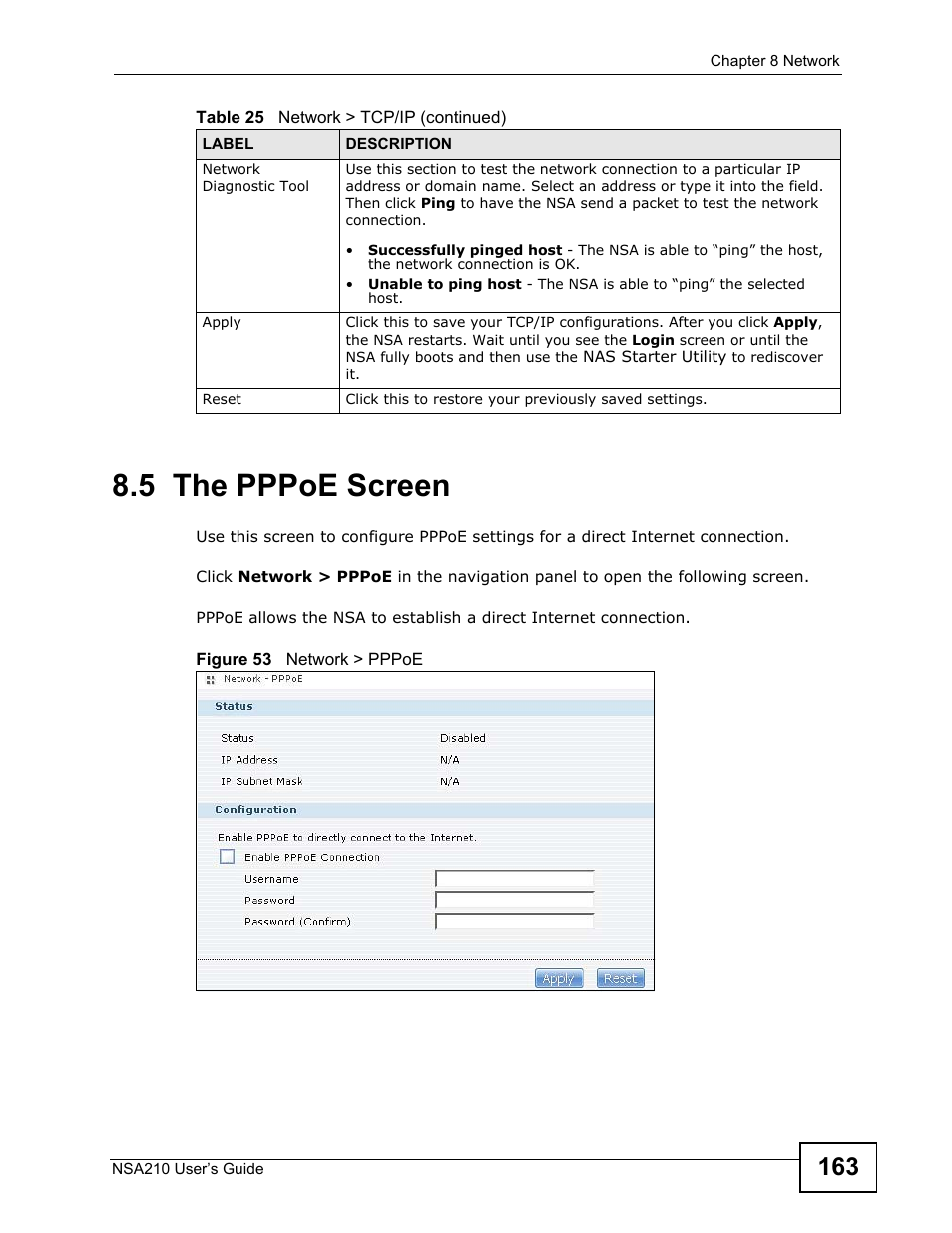 5 the pppoe screen | ZyXEL Communications NSA210 User Manual | Page 163 / 482
