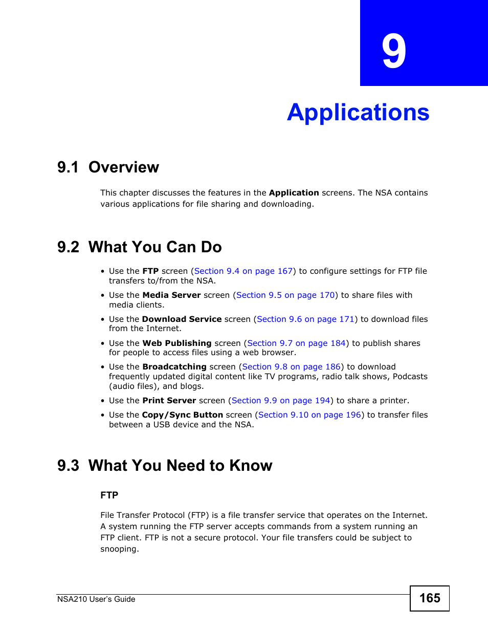 Applications, 1 overview, 2 what you can do | 3 what you need to know, Chapter 9 applications, Applications (165) | ZyXEL Communications NSA210 User Manual | Page 165 / 482