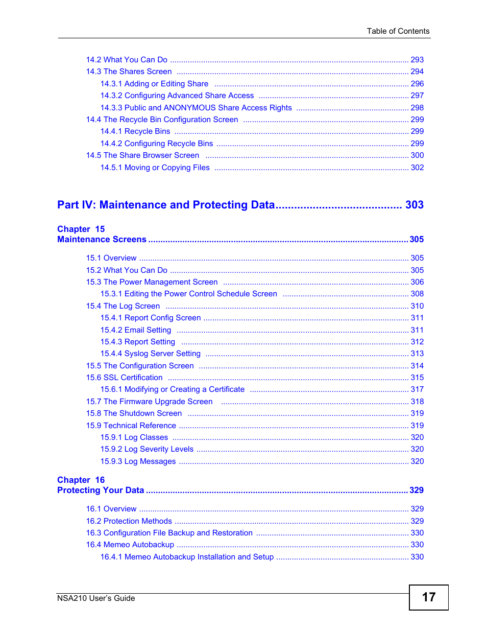 Part iv: maintenance and protecting data | ZyXEL Communications NSA210 User Manual | Page 17 / 482