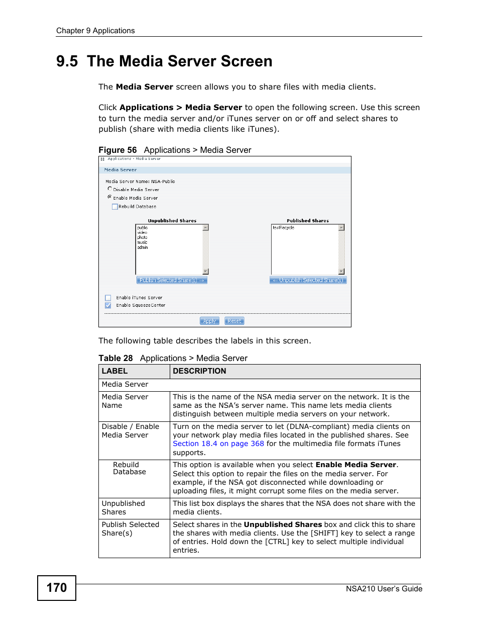 5 the media server screen | ZyXEL Communications NSA210 User Manual | Page 170 / 482
