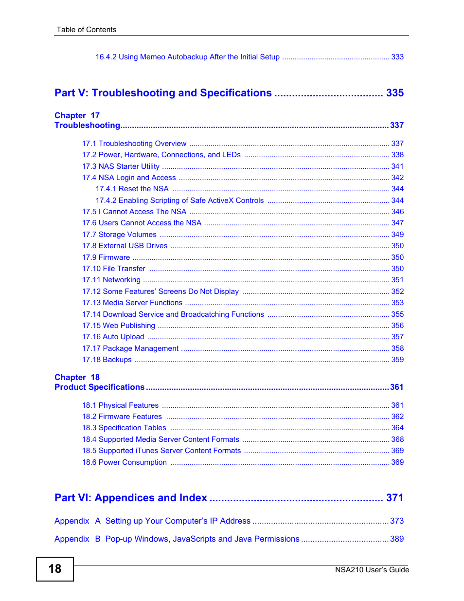 Part v: troubleshooting and specifications, Part vi: appendices and index | ZyXEL Communications NSA210 User Manual | Page 18 / 482