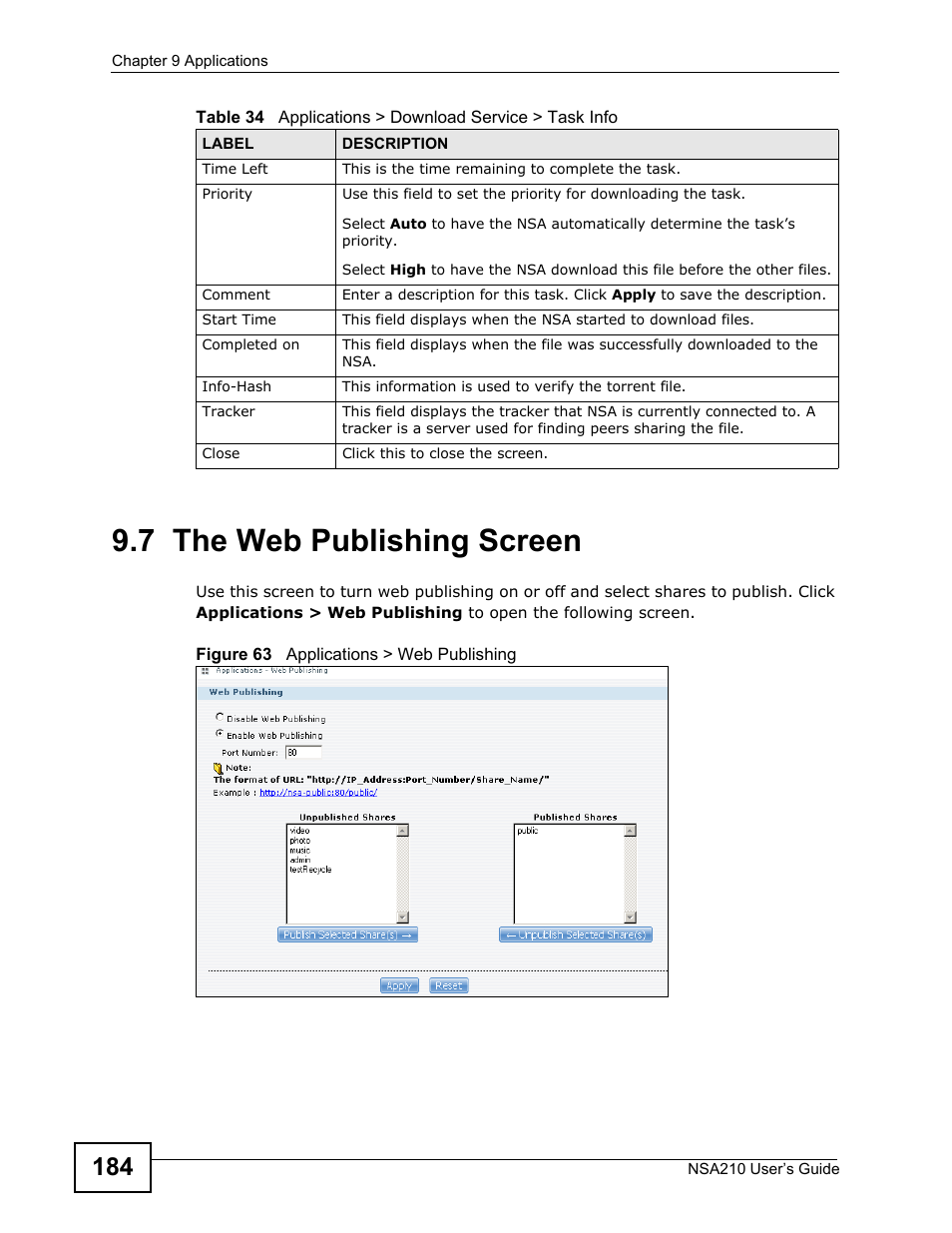 7 the web publishing screen | ZyXEL Communications NSA210 User Manual | Page 184 / 482