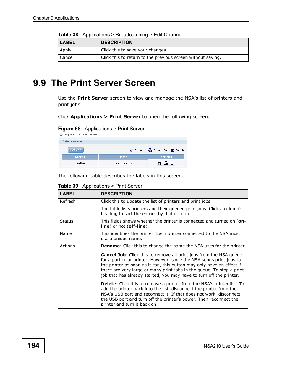 9 the print server screen | ZyXEL Communications NSA210 User Manual | Page 194 / 482