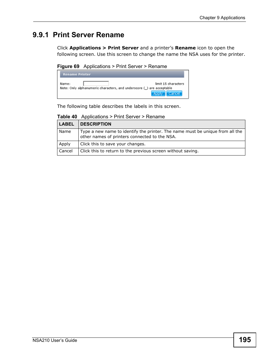 1 print server rename | ZyXEL Communications NSA210 User Manual | Page 195 / 482