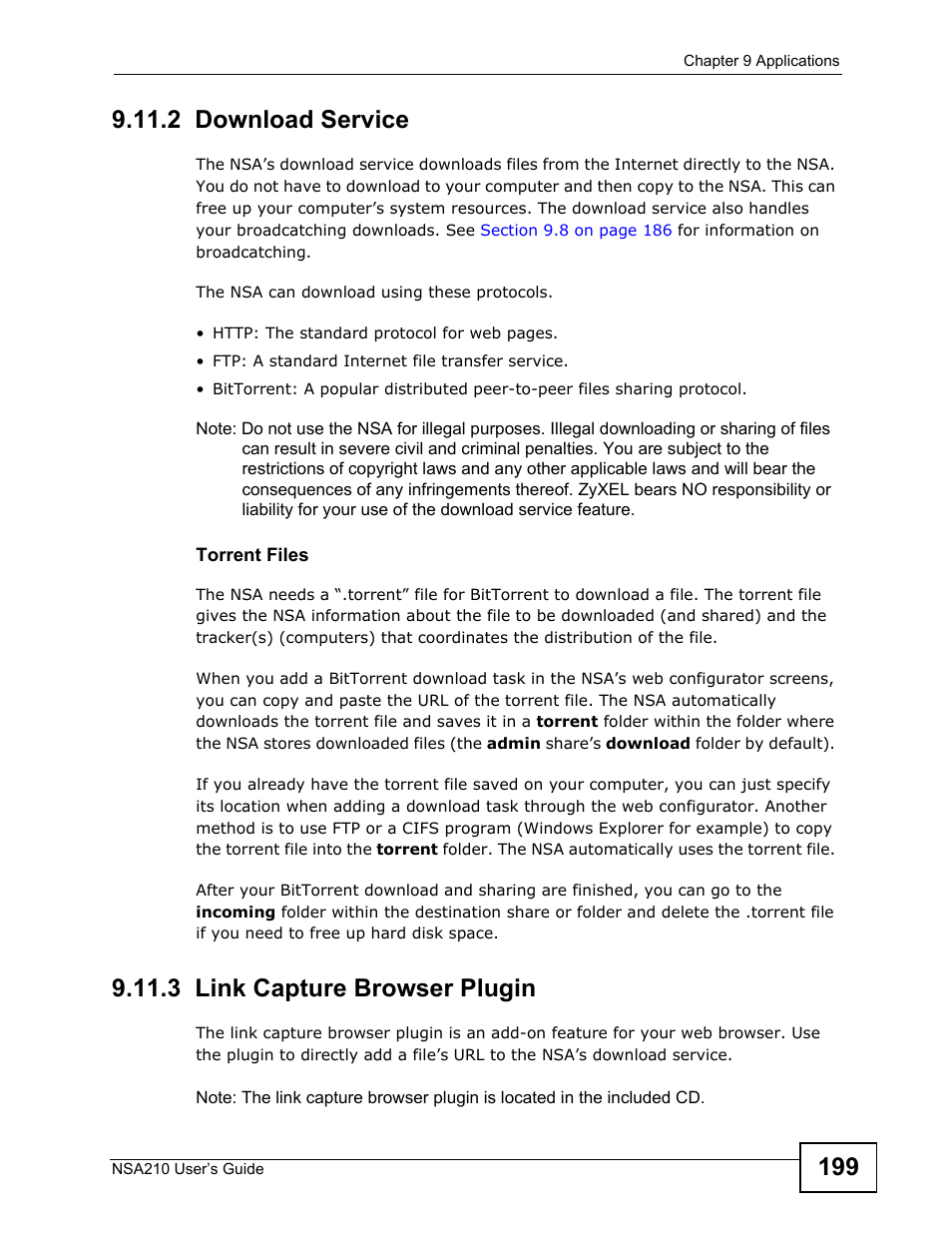 2 download service, 3 link capture browser plugin | ZyXEL Communications NSA210 User Manual | Page 199 / 482