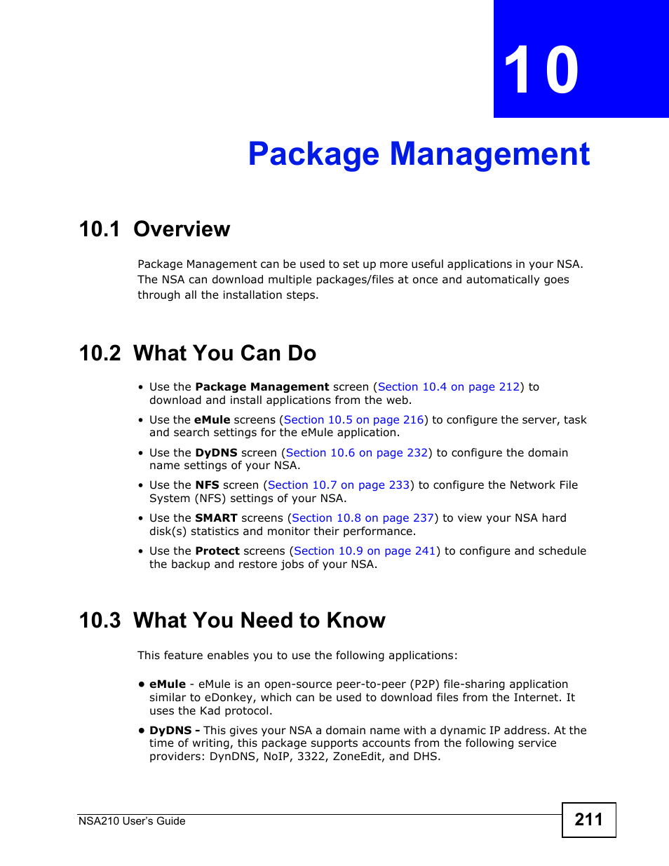 Package management, 1 overview, 2 what you can do | 3 what you need to know, Chapter 10 package management, Package management (211) | ZyXEL Communications NSA210 User Manual | Page 211 / 482