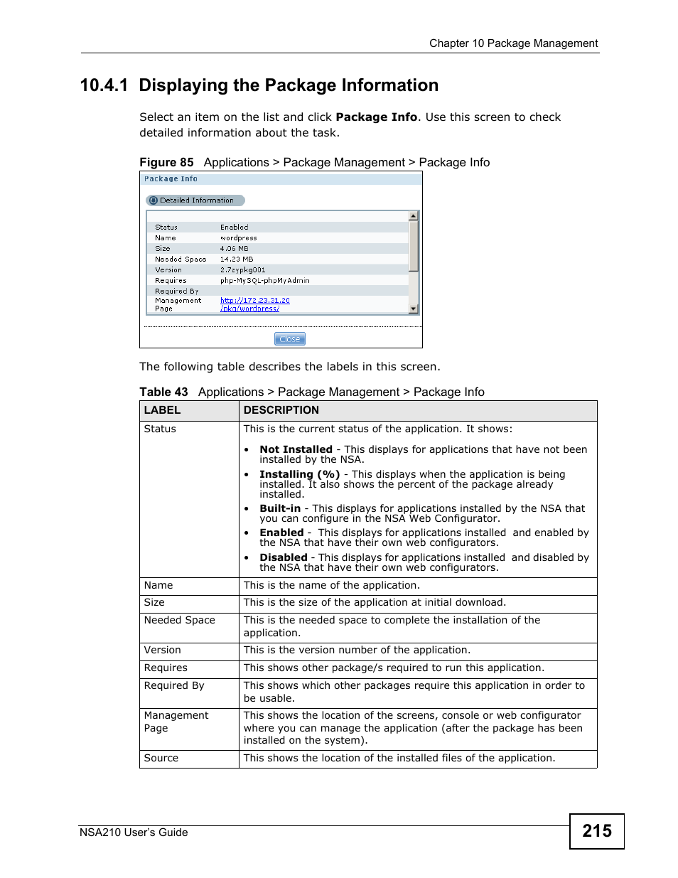 1 displaying the package information | ZyXEL Communications NSA210 User Manual | Page 215 / 482