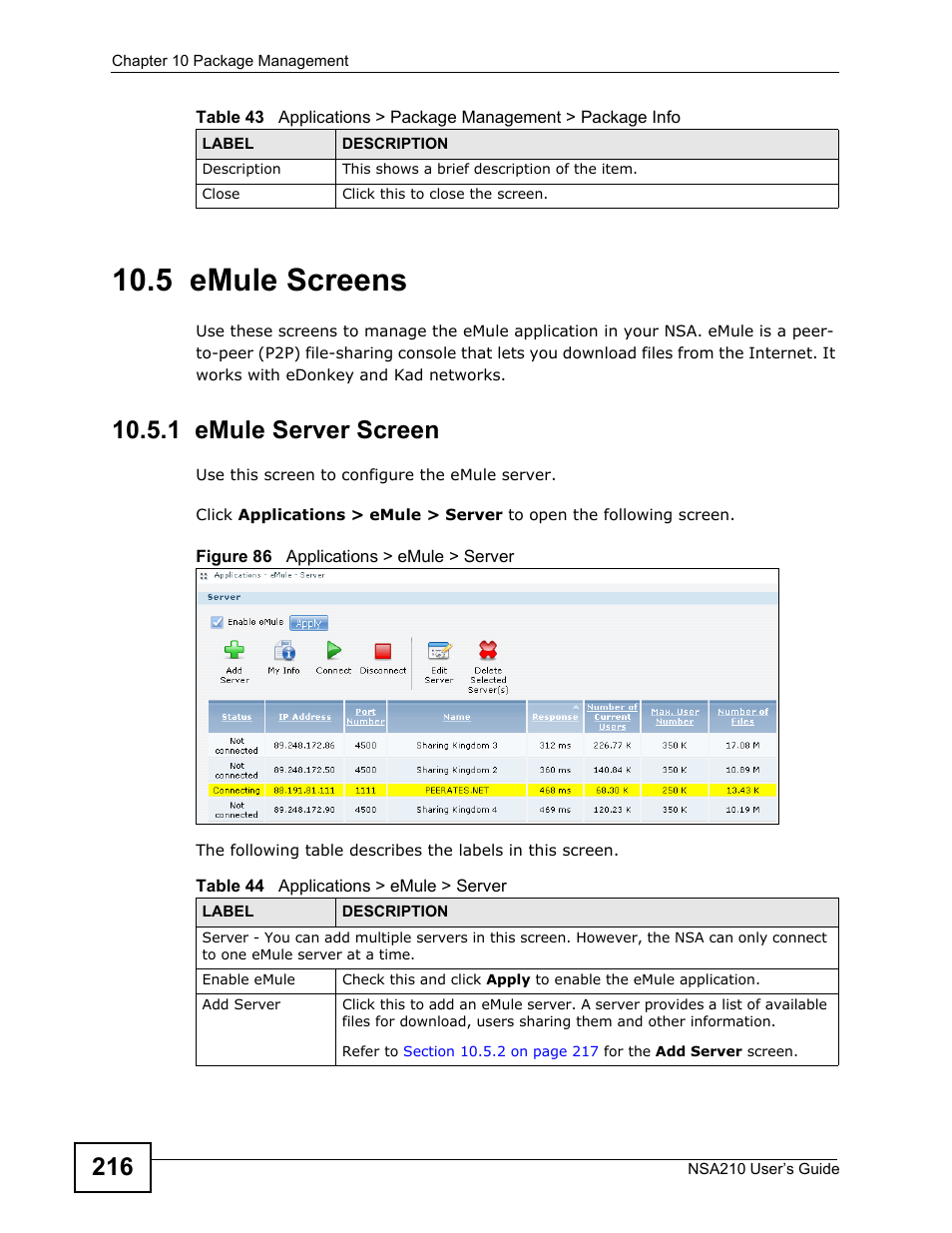 5 emule screens, 1 emule server screen | ZyXEL Communications NSA210 User Manual | Page 216 / 482