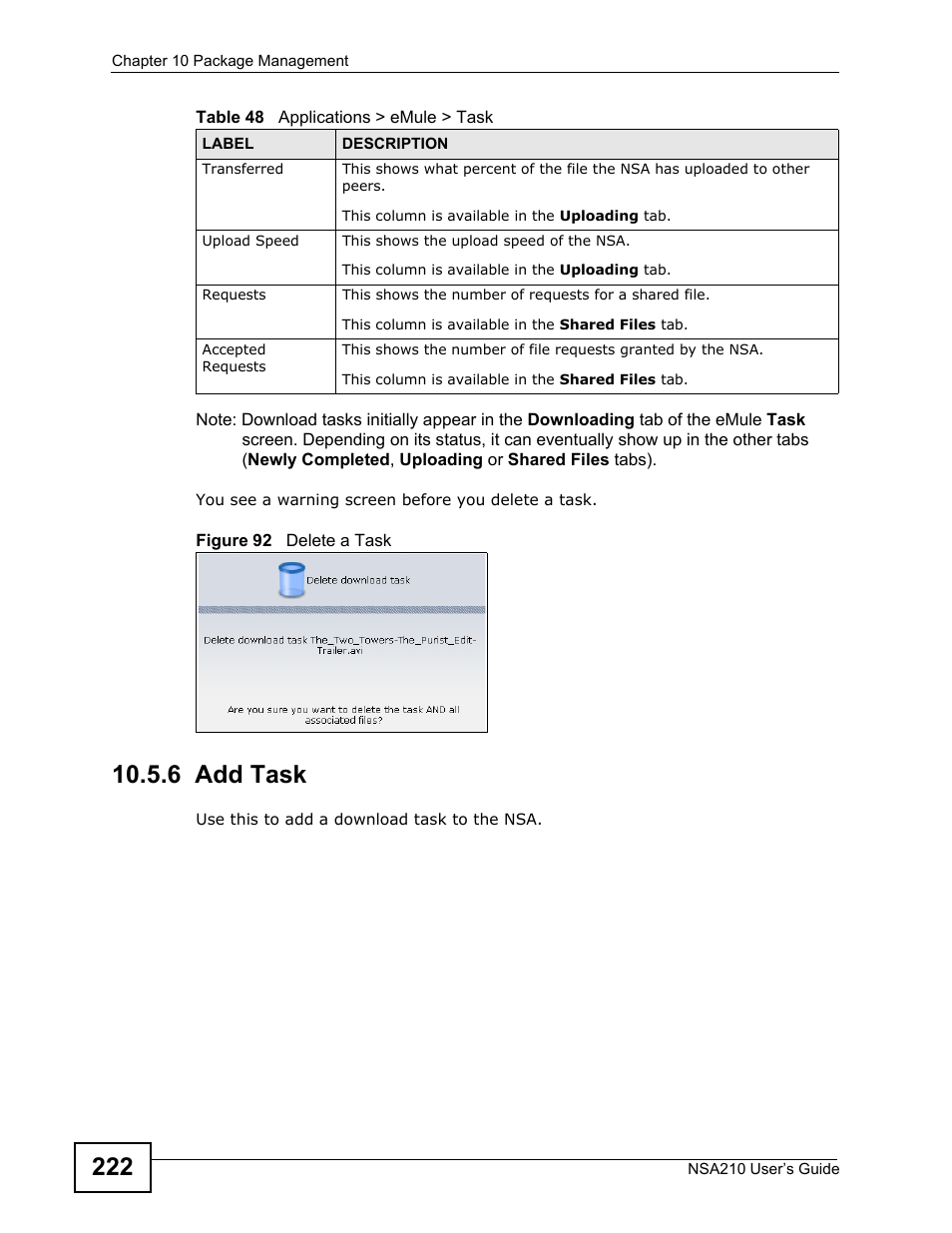 6 add task, Refer to | ZyXEL Communications NSA210 User Manual | Page 222 / 482