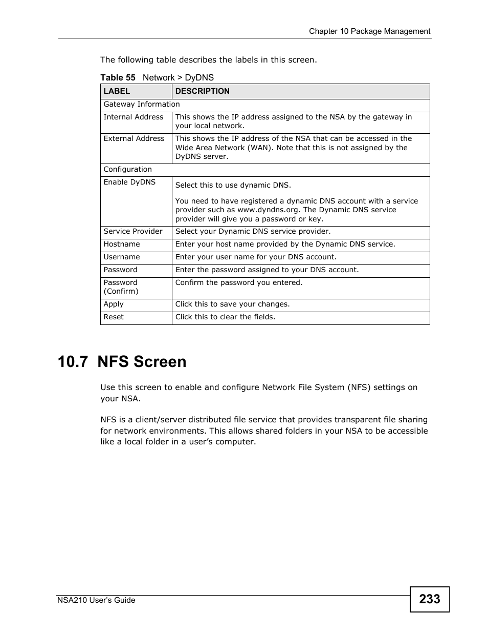 7 nfs screen, Reen | ZyXEL Communications NSA210 User Manual | Page 233 / 482