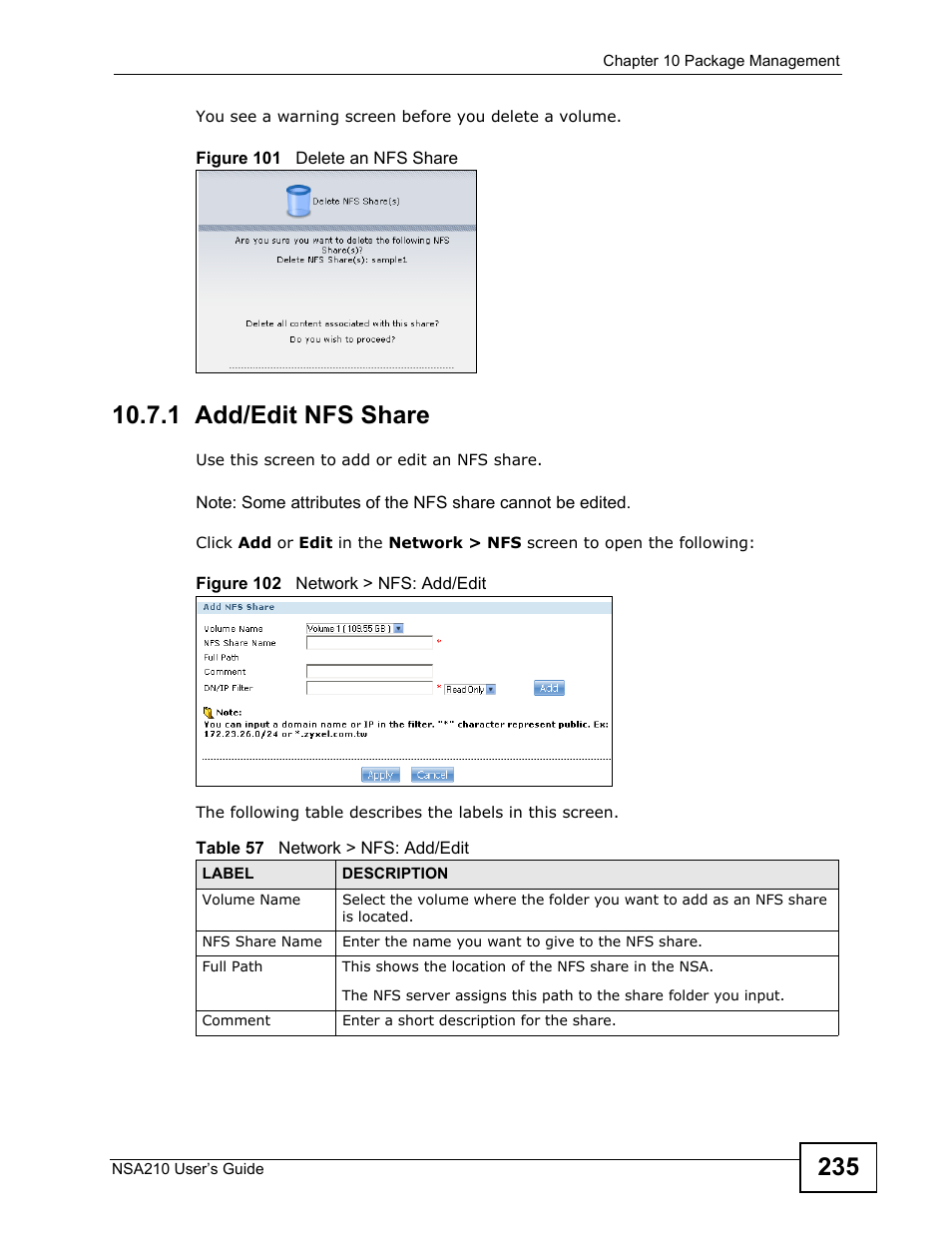 1 add/edit nfs share, Refer to | ZyXEL Communications NSA210 User Manual | Page 235 / 482