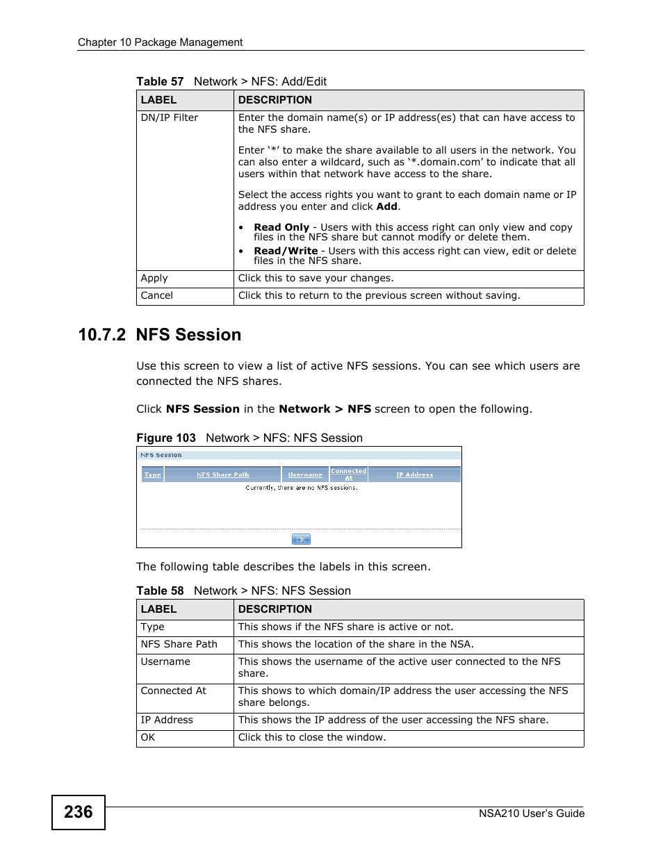 2 nfs session, Refer to | ZyXEL Communications NSA210 User Manual | Page 236 / 482