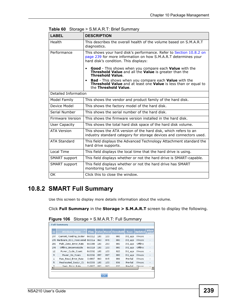 2 smart full summary, Ur hard disk’s performance. refer to, Section 10.8.2 on | ZyXEL Communications NSA210 User Manual | Page 239 / 482
