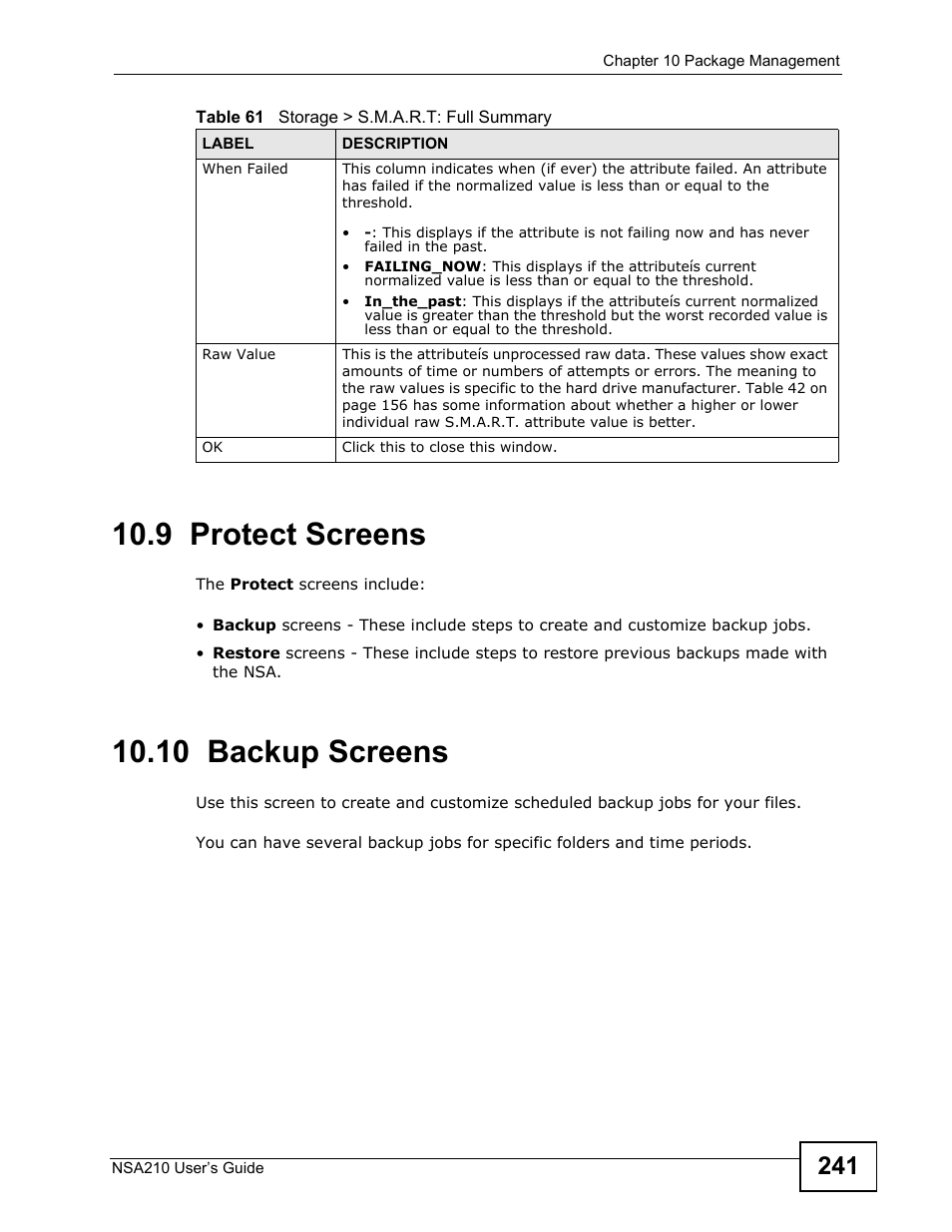 9 protect screens, 10 backup screens, 9 protect screens 10.10 backup screens | Eens | ZyXEL Communications NSA210 User Manual | Page 241 / 482
