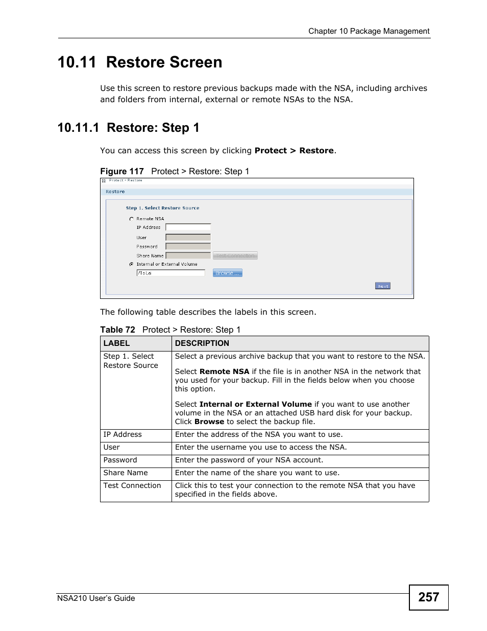 11 restore screen, 1 restore: step 1 | ZyXEL Communications NSA210 User Manual | Page 257 / 482