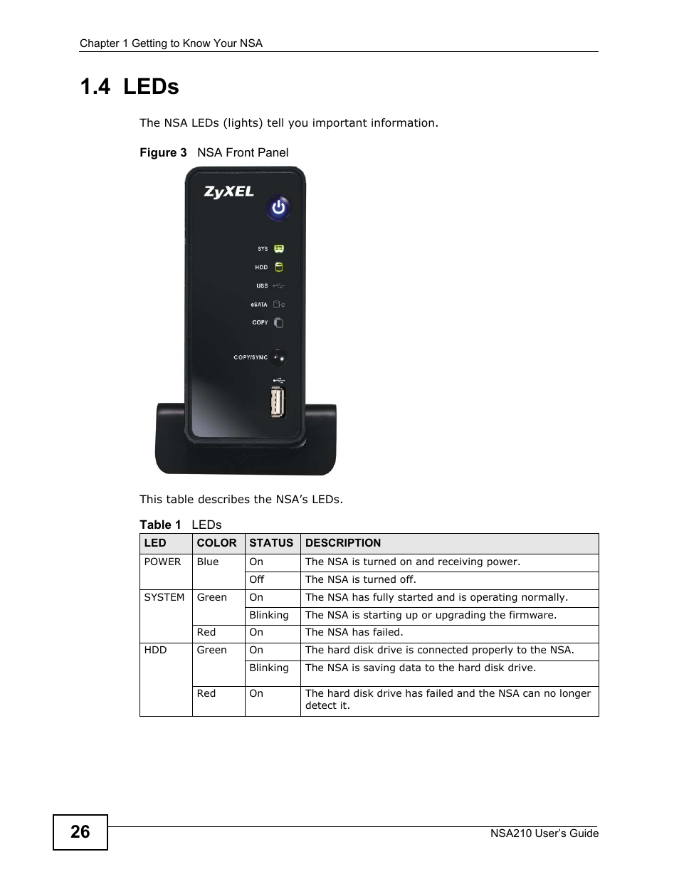 4 leds | ZyXEL Communications NSA210 User Manual | Page 26 / 482